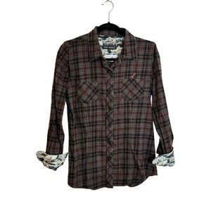 PLADRA Every Day Flannel Button Up Shirt Size S Black Orange Plaid Flip Cuffs